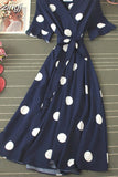 Polka Dot Midi Dress Summer 2023 Sexy V-neck Flare Sleeve Casual Vestidos Verano Elegant Blue/White Sashes Dresses