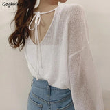Women Solid Color Minimalist Long Sleeve Fairy Elegant V-neck Knitting Thin Breathable Soft Casual Basic Sun-proof