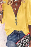 Women Shirt Summer Tops Zipper V Neck Women's Blouse New Fashion Casual Chiffon Half Sleeve 2023 Female Clothing Blusas