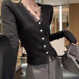 Women V-Neck Lace Spliced Knitted Shirt Women Autumn Winter Slim Small Gentle Comfortable Thin Inside
