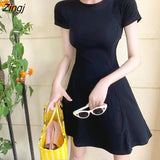 Women Dresses Short Sleeve Solid Sexy Stretchy Midi O-neck Sweet Girls Leisure Slim Skinny Elegant Empire Stylish Streetwear
