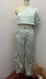 Zingj 2024 New Fashion Diagonal Collar Rotator Sleeve Top Casual Wind Pants Two-Piece Set-Outfit