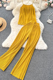 Women Pleated Set Sexy Spaghetti Strap Camis Tops + High Waist Wide Leg Loose Pants Casual Red/Yellow/Brown Suits