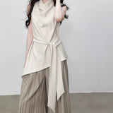 Texture Sleeveless Top Summer New T-Shirt With Waist Design Temperament White T-Shirt Women + Striped