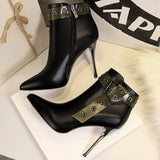 Shoes Belt Buckle Women Ankle Boots Leather Shoes High-heel Boots Stiletto Pointed Toe Short Boots Plush Winter