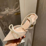 and American New Mesh Pearl Baotou Thin Heeled Sandals Pointed Bow High Heels