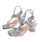 Large Square Head Crystal And Flower Sandals Female Feel Tight With Temperament High-Heeled Fashion