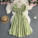 Zingj Vacation Wind French Retro Square Collar Waist Dress Female Summer Design Sense Bubble Short Sleeve Fairy
