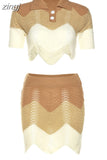 Knit Contrast Color Women Sexy 2Piece Set Short Sleeve Patchwork Button T-Shirt+Mini Skirt Vacation Matching