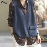 Vest Women V-neck Solid Pockets Loose All-match Autumn Fashion Korean Casual Свитер Женский Retro Simple Knitwear