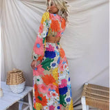 Zingj Autumn And Winter New Fashion Print Round Collar Lantern Sleeve Long Style Accept Waist