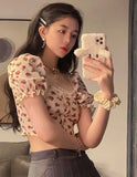 Zingj Summer Vintage Floral Short T-Shirt Women's Collar Puffed Sleeves Show Navel Top