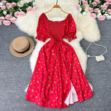 Zingj New French Gentle Wind Sweet Square Collar Bubble Short Sleeve Waist Show Thin Slit A-Word