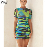 Print Hollow Out Ruched Dress For Women O Neck Short Sleeve Bodycon Mini Dress Ladies Streetwear Elegant Party