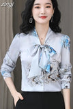 Silk Blouses Women Satin Print Blouse Women Long Sleeve Shirts Woman V-neck Silk Blouses Ladies Floral Blouse for