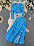 Autumn Women Printed Bandage Two Piece Set Vintage V-Neck Long Sleeve Short Tops + High Waist Split Skirt Suit 2Pcs