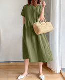 New Leisure Spring And Summer Loose Skirt Short Sleeve Round Neck Solid Cotton Linen