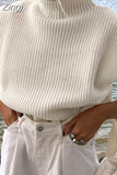 Women Fashion Solid Cropped Knitted Sweater Vest Turtleneck Sleeveless Pullover Solid Chic Tops