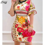 Women Floral Print Half Sleeve Casual Dress Summer Holiday Boho Farmhouse Style Short Sleeve Mini Bodycon Dress