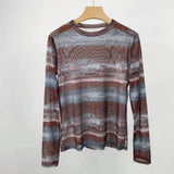 Zingj And Vintage Print Mesh Long Sleeve T-Shirt Female 202413 Lines Of Spring Money Inside The Jacket