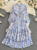 Women Pritned Long Dress Vintage Stand Collar Single Breasted Puff Sleeve High Waist A-Line Elegant Big Swing Maxi
