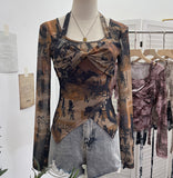 Special To The Net Yarn Design Sense Hanging Neck Top Cross Folded Repair Short T-Shirt