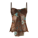 New Y2K Retro Print Bumpy Hottie Sexy Mesh Splicing Ribbon Low Chest Small Sling