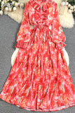Autumn Bohemian Tie Dye Pleated Long Dress Women Elegant Stand Collar Ruffle Single Breasted Lantern Sleeve Draped