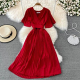 New V-Neck Short-Sleeved Dress Over Knee-Repaired Lady's Waist Tie Mid-Slap