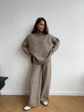 High-Neck Open Fork Wool Sweater Set Women's Loose Casual Lazy Knitting Trousers