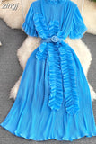 Women Pleated Midi Dress Purple/Red/White Stand Collar Short Flare Sleeve High Waist A-Line Ruffle Party Vestidos