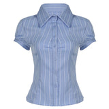 Commute Wind Fashion Stripe Buckle Bubble Sleeve Top Hottie Temperament Folding Braid
