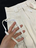 Style Casual White Women's Bandage Trousers Women High Waist Pockets Female Pleated Wide Leg Pants 2023 Autumn