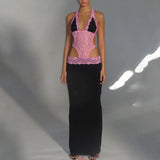 Zingj 2024 New Sexy Hot Girl Hollow Out Lace Lace Hanging Neck Jumpsuit Temperament Slit Skirt