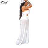 Women 2 Piece Set 2023 Summer Sexy Off Shoulder Crop Top + High Waist Wide Leg Mesh See Through Pants Beachwear vacation