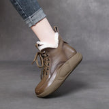 Leather Short Boots Women Winter Flat Bottom With Round Head Real Snow Boots Retro Martin Boots Retro