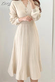 One Piece Korean Pleated Dress Long Sleeve Slim Woman Sweater Dresses Knitted Elegant Midi Party Woman Dress Autumn
