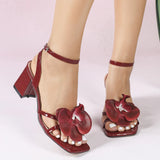 Women's High-Heeled Shoes Three-Dimensional Orchid Head Coarse Heel Night Party Wedding Campus Brick Red Sandals Spring And Summer