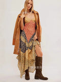 Women Print Color V Tie Sling Irregular Dress