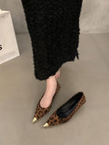 2025 New Retro Leopard-Print Metal Shallow Mouth Single Shoes French Temperament Velvet Head Tip Fine Heel High