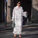 Women's Clothing Hollow Three-Dimensional Flowers Solid Color Collar Long-Sleeved Dress Loose Fashion