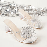 Drill Square Head With High-Heel Slippers Women's New Pearl Transparent With Fashion Cool