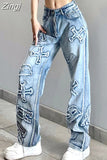 Streetwear Grunge Letter Patched Distressed Women Jeans Straight Casual Y2K Design Denim Trousers Korean Style