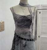 Spice Girls Newspaper Tie-Dye Printing Net Waste Vest Irregular Rope Ribbon