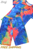 Women Tie Dye Sports Clothing Sets Lady Pullover Short Sleeve O Neck T Shirt Top + High Waist Knee Length