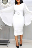 Elegant Party Dress Women 2023 Black Office Fashion Chiffon Flare Long Sleeve Sexy Bodycon Belt Ladies Autumn Midi