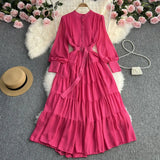 Zingj Dress New V-Neck Single Breasted Chiffon Dress Female French Retro Waist Show Thin Big Place A Word Long Skirt