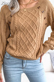 Women Knitted Ruched Sweaters Pullovers Tops 2023 Autumn Winter Buttons Patchwork O-neck Loose Causal Jumpers