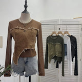 Feel Niche Cowboy Splicing Long-Sleeved Mesh T-Shirt Girl Summer Round Collar Dress Short Top