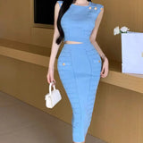 New Sleeveless Nails Clad High-Waist Temperament Famous Half-Dress Knitted Set Two